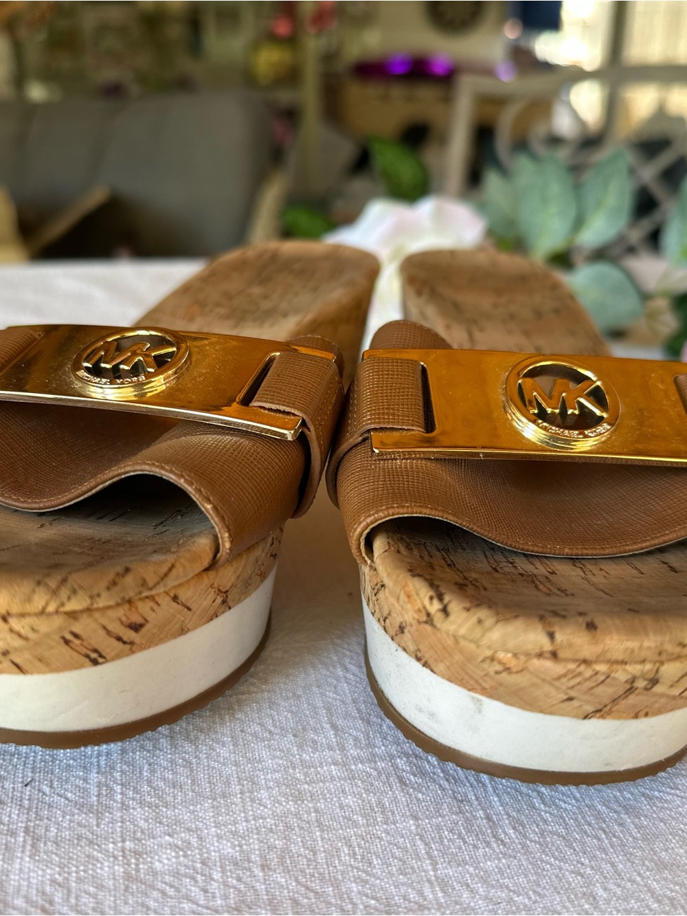 Michael Kors Brown Cork Wedge Sandals with Gold Accent
